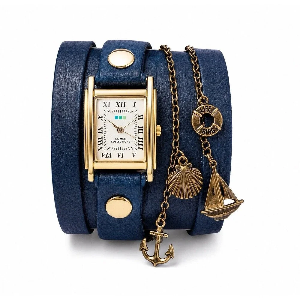 La Mer Collections Wrap Watch Navy Leather Band Gold Tone Boho 2000's Y2K Charms